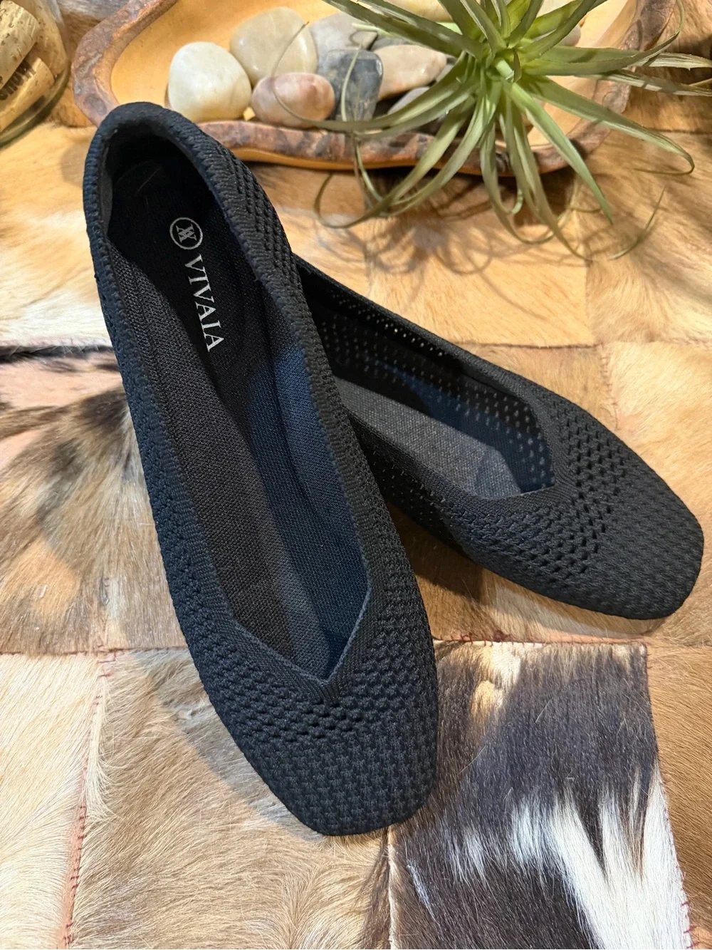 VIVAIA Women's Black Margot Mesh Knit Square-Toe Flats, size 38